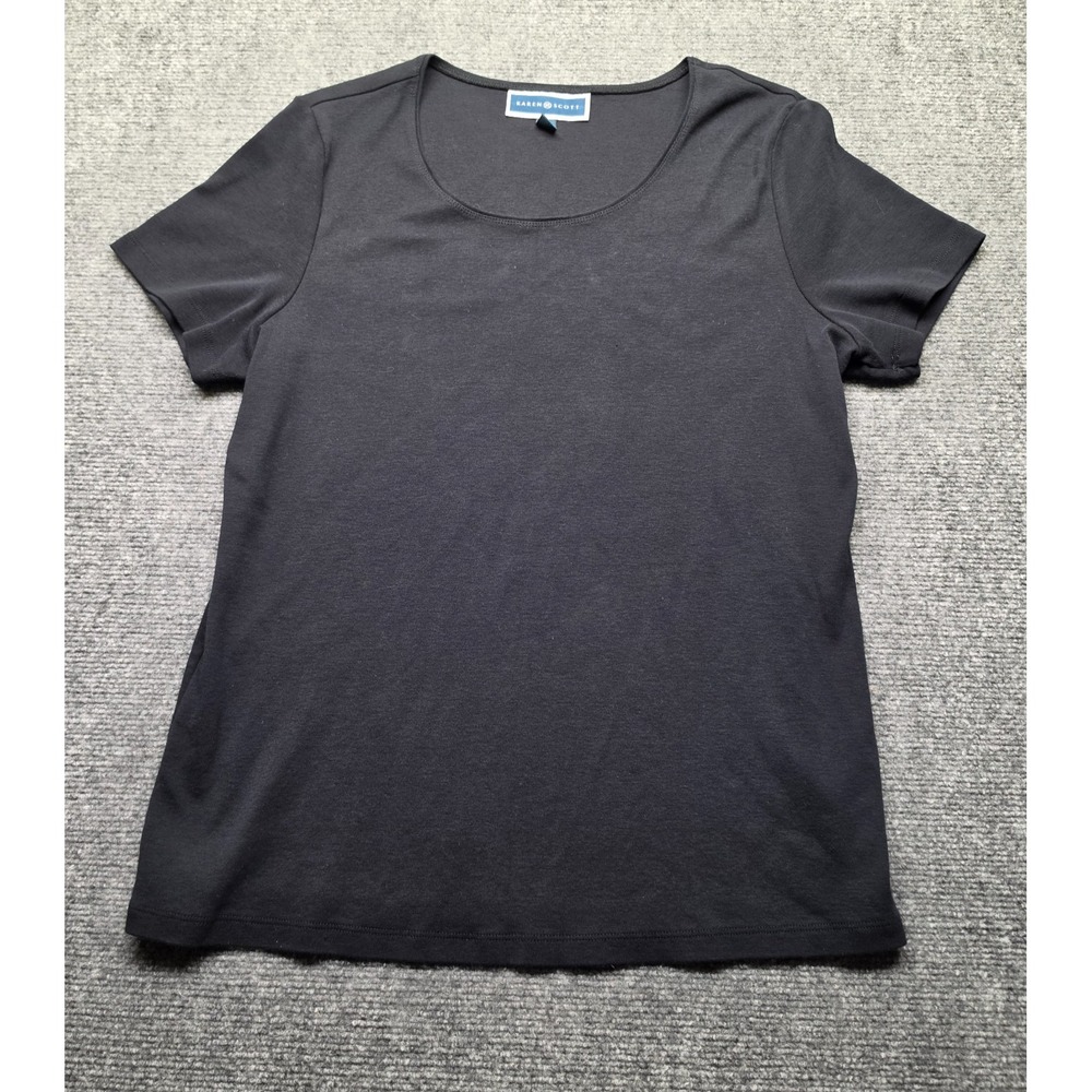 Karen Scott Womens Black Scoop Neck Short Sleeve T-Shirt Size Large 100% Cotton